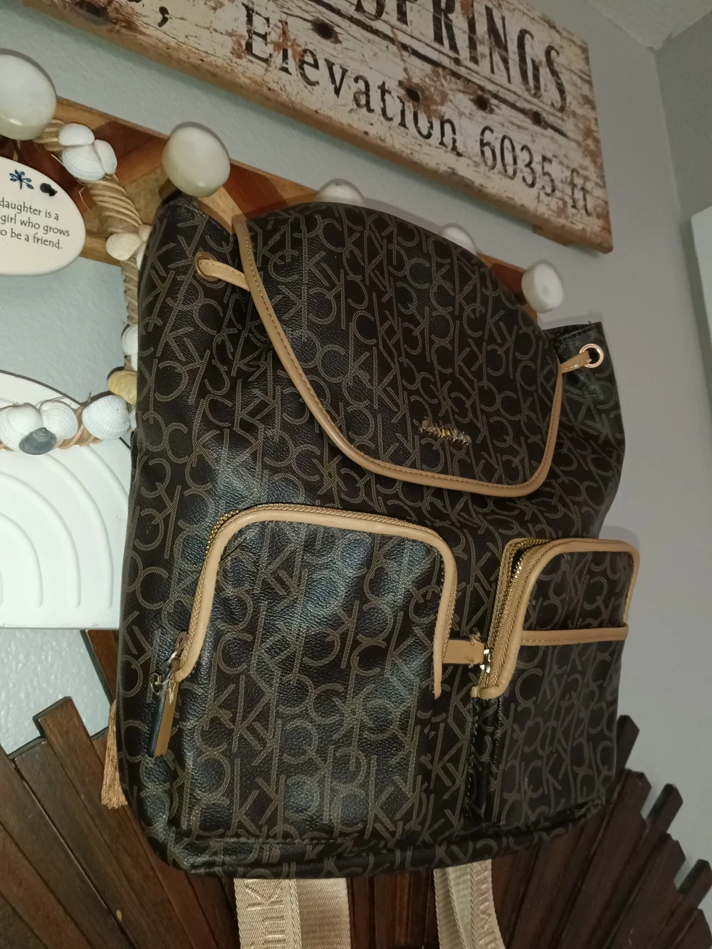 Calvin Klein Brown Logo-Print Backpack with Tan Trim